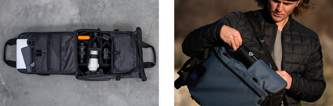 左：使用イメージ（ブラック）、右：ボトルや小型三脚を収納できるサイドポケット（エーゲブルー）