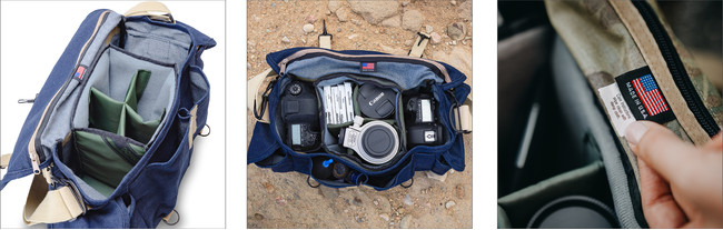 左:インナーケース(デニム) 中央:機材収納イメージ(デニム) 右:Made in U.S.A.の確かな品質(カモ) 左:インナーケース(デニム) 中央:機材収納イメージ(デニム) 右:Made in U.S.A.の確かな品質(カモ)