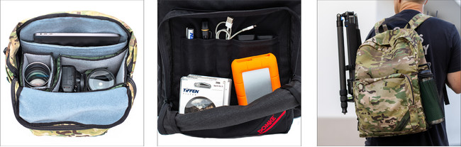 左:機材収納イメージ(カモ) 中央:フロントポケット(ブラック) 右:使用イメージ(カモ) 左:機材収納イメージ(カモ) 中央:フロントポケット(ブラック) 右:使用イメージ(カモ)