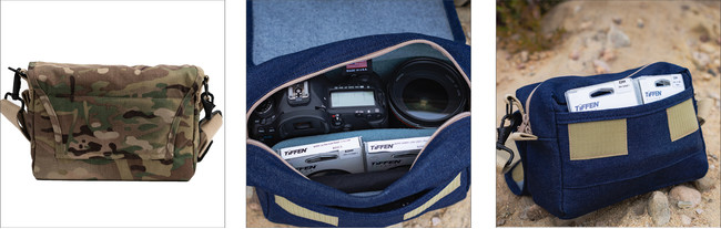 左:背面のベルトループ(カモ) 中央:機材収納イメージ(デニム) 右:フロントポケット(デニム) 左:背面のベルトループ(カモ) 中央:機材収納イメージ(デニム) 右:フロントポケット(デニム)