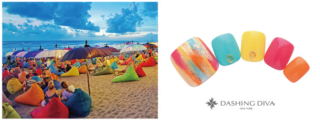 スミニャックビーチのカラフルなクッションとパラソルをイメージ