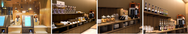 左から、フロントイメージ、ラウンジ朝食イメージ、ラウンジティータイムイメージ、ラウンジカクテルタイムイメージ