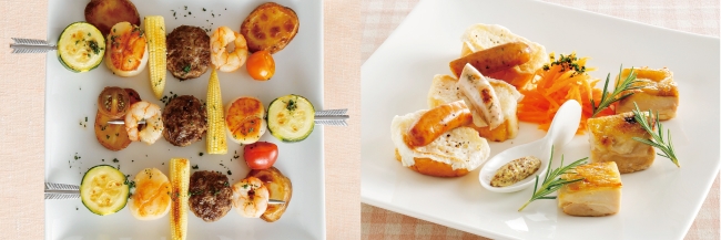 （左）産直野菜とミックスグリルのケバブ風　（右）道産ソーセージと鶏肉のコンフィソテー
