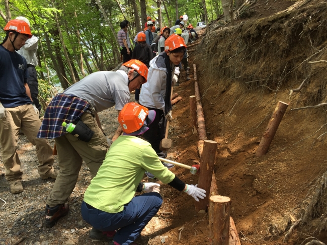 従業員による丹波山村でのボランティア活動(土砂崩れ防止のための木柵づくり)