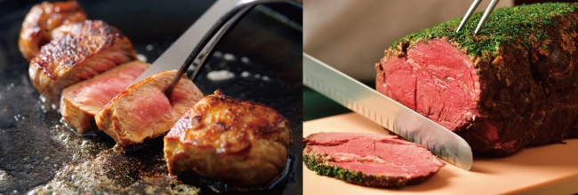 （左）牛肉のカットステーキ マスタードソース　（右）ローストビーフ レフォールソース