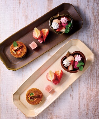 1名様分ずつで提供する信楽焼の外付け長皿 1名様分ずつで提供する信楽焼の外付け長皿