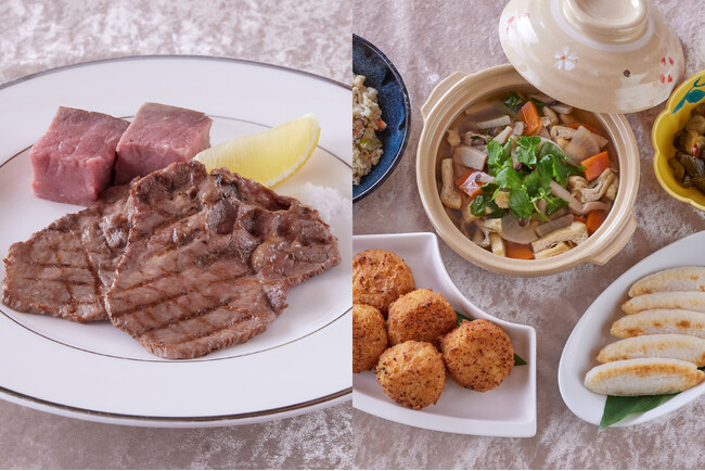 左：漢方和牛のローストと牛タンのグリル、右：郷土料理