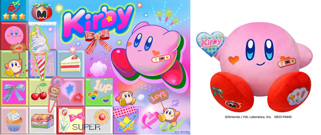 monetの限定アートを使用した、カラフルでポップなカービィを楽しめる！ （左：アート、右：「Kirby×monet　BIGぬいぐるみ～OMEKASHI SPECIAL～」）