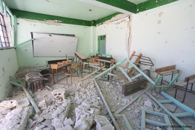 2月26日の攻撃で破壊されたカンサフラ(Kansafra)小学校の教室。(2020年3月8日撮影) © UNICEFUNI310496_Suleiman