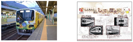 【左】谷上駅２番線　展示イメージ　【右】「９０年の歴史展」　展示内容例