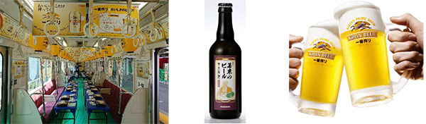 (左)特別列車車内（イメージ）（真ん中）幸民麦酒（右）キリン一番搾り生ビール