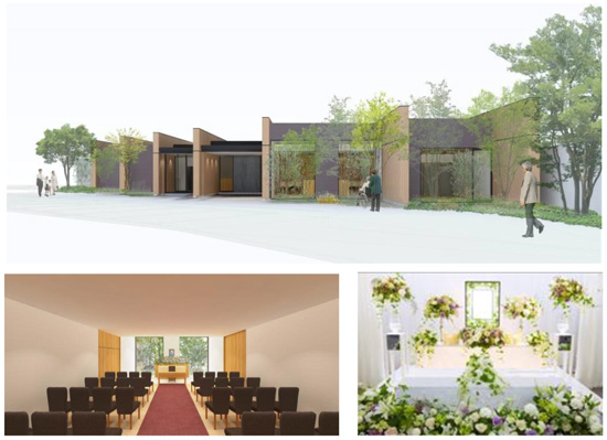 フューネラルホール『エテルノ阪急千里』（すべてイメージ写真です）（上段）会館の外観　（下段左）式場　（下段右）花祭壇