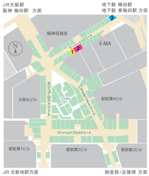 ■MAP 1：アトリエはるか 2：美スギ・コスメガーデンS 3：阪神航空トラベルサロン