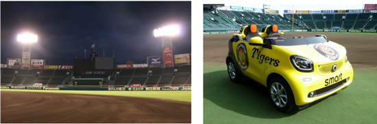 【左】夜の甲子園球場（イメージ）【右】リリーフカー（イメージ）