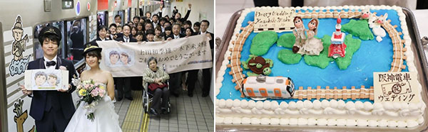 （左）大阪梅田駅到着後の記念撮影、（右）阪神電車オリジナルウェディングケーキ
