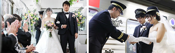 （左）車内で挙式する新郎新婦（右）大阪梅田駅長が新郎新婦に改札業務を任命