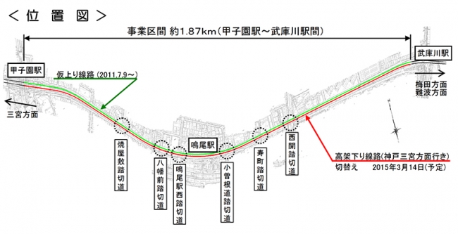 節約 阪神電鉄高架事業位置図/1980年6月◇兵庫県西ノ宮〜尼崎市/西宮工区〜出屋敷工区〜大物工区西大阪線/阪神大物駅〜香櫨園駅間の高架事業図