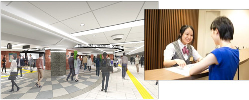 【左】リニューアル後の烏丸駅西改札口付近のイメージ　【右】観光案内業務のイメージ