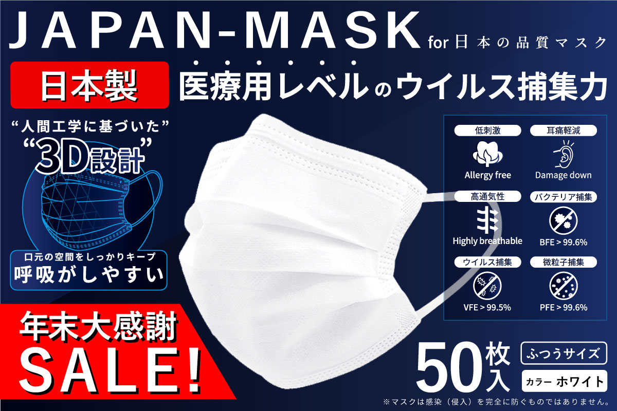 日本製 肌触り抜群の超やわらかマスク 医療 N95 級の高密度フィルターで99 6 ウィルスを捕集する高品質不織布マスク を年末特別セール 10万枚限定 1箱 50枚入 980円 サムライワークス株式会社のプレスリリース