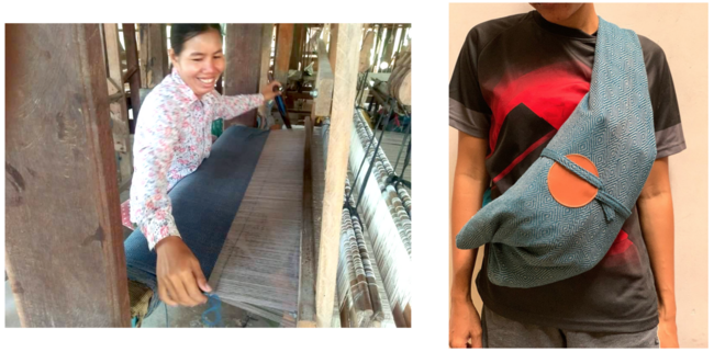 カンボジアのシェムリアップ州の村の女性たちが手織りした布でメッセンジャーバッグは製作される。 赤と青の２色を展開。