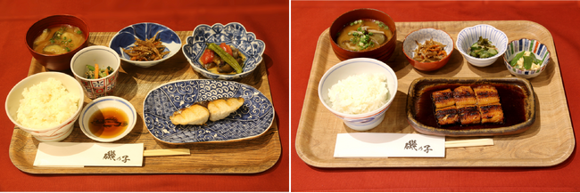 (写真左)メイン料理(一例)(魚料理＋小鉢3品＋ご飯+汁物)　(写真右)うなぎランチ(うなぎ[3切れ]＋小鉢3品＋ご飯＋汁物)