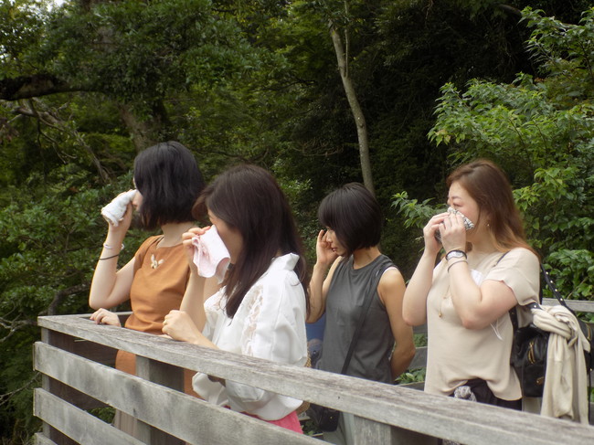 祇園山ハイキングコースの見晴台から見える絶景に感動の涙を流すツアー参加者