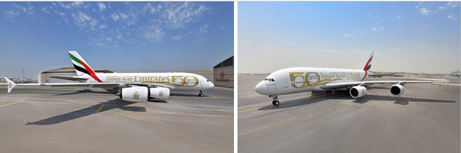 画像：UAE建国50周年記念の特別デザインのエアバスA380型機