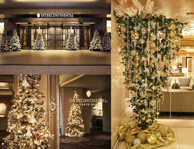 （左上）ホテルのエントランスには17個のクリスマスツリーが立ち並ぶ、（左下）4階ロビーのクリスマスツリーはホワイトとゴールドのオーナメントが印象的、（右）3階ロビーには2つのフォールツリーが設置されている