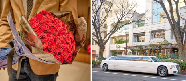 オプションにてバラの花束やリムジンの手配が可能 オプションにてバラの花束やリムジンの手配が可能