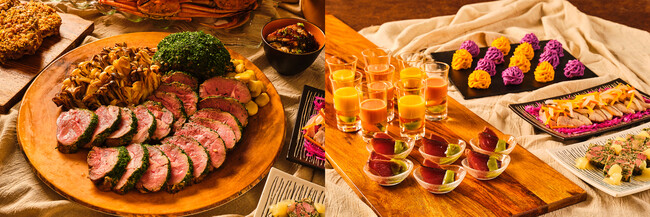 (左）アプリコットと香草で風味を引き立てるラム肉のロースト（右）かぼちゃや洋梨など秋の食材を取り入れた冷前菜が並ぶ