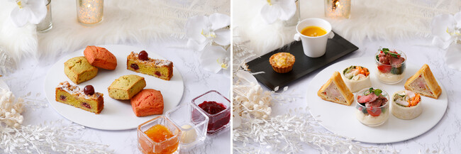 (左)ホテルメイドスコーン2種(右)セイボリーはスープやキッシュなど5種類を用意 (左)ホテルメイドスコーン2種(右)セイボリーはスープやキッシュなど5種類を用意