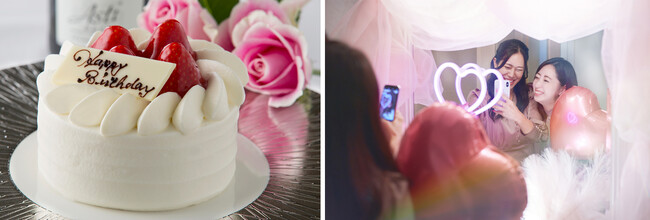 （左）ホテル特製のケーキで推しの誕生日や記念日をお祝いする（イメージ）（右）フォトジェニックな写真撮影が楽しめるハート型のライトやバルーンなどかわいいアイテムを用意