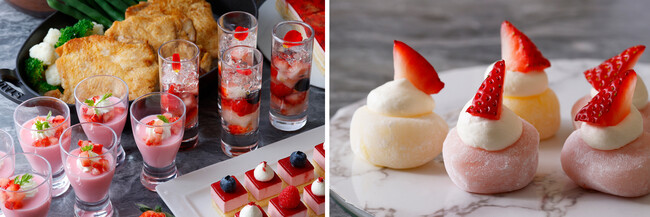 (左)苺づくしのバラエティ豊かなスイーツを用意(右)もっちりとした食感と上品な甘さが楽しめる苺大福 (左)苺づくしのバラエティ豊かなスイーツを用意(右)もっちりとした食感と上品な甘さが楽しめる苺大福