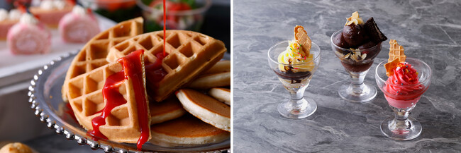 (左)カスタマイズワッフル(右)シェフズ スペシャル パフェ (左)カスタマイズワッフル(右)シェフズ スペシャル パフェ