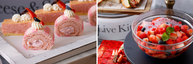 (左)見た目の華やかないちごロールケーキ(右)苺をたっぷり使ったスープ (左)見た目の華やかないちごロールケーキ(右)苺をたっぷり使ったスープ