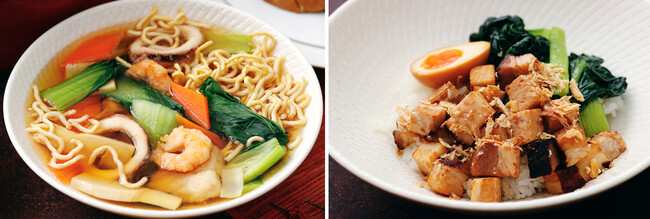 (左)「インターコンチネンタル高雄」より台湾南部の グルメ「鍋燒意麺(グゥオシャオイーミェン)を提供(右)甘辛醤油ベースのタレで煮込んだ小さく切った豚肉をホカホカのご飯にかけた、台湾のソウルフードともいわれる「魯肉飯(ルーローハン)」 (左)「インターコンチネンタル高雄」より台湾南部の グルメ「鍋燒意麺(グゥオシャオイーミェン)を提供(右)甘辛醤油ベースのタレで煮込んだ小さく切った豚肉をホカホカのご飯にかけた、台湾のソウルフードともいわれる「魯肉飯(ルーローハン)」