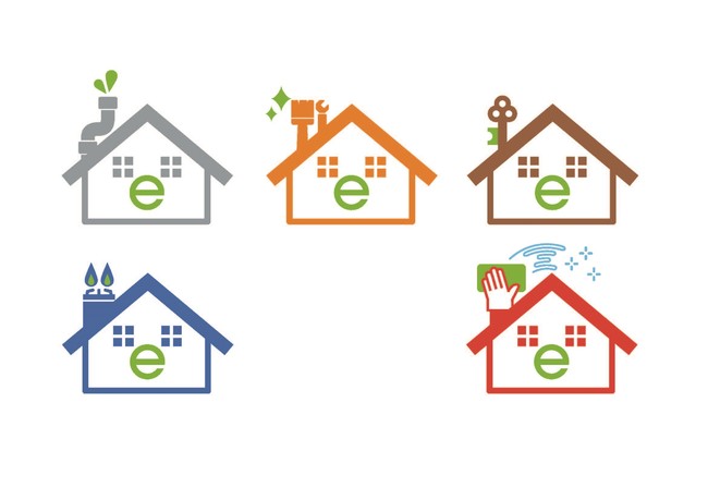 「e-home」ブランドのロゴ。左上から時計回りに、パイプ、リフォーム、不動産、 ホームサポート、ガス機器に関するサービスのロゴ