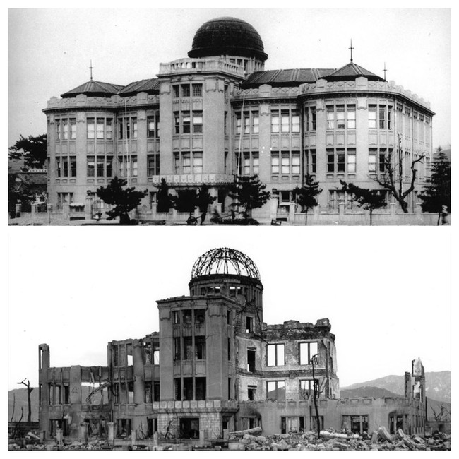 原爆が投下される前後の広島原爆ドーム　©広島平和記念資料館