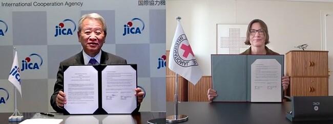 田中JICA理事長と スポリアリッチICRC総裁によるオンライン署名式の様子