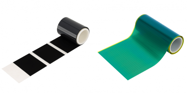 電極離型半製品フィルム（左）、フィルム型GDL接着剤（右）