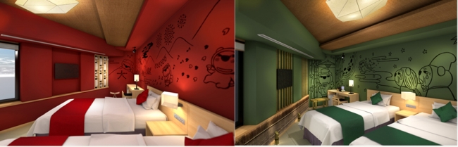 楽しくて“映（ば）える“、２つのらいよんチャンルーム。大胆なデザインや今回のお部屋に合わせた描き下ろしイラストにも注目。提灯の部屋（左）と竹林の部屋（右）イメージ