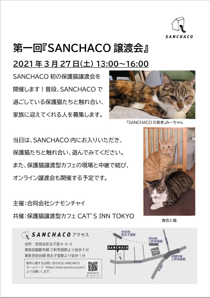 保護猫と出会う 第三の選択肢 を広めたい Sanchaco初の保護猫譲渡会を開催 ワーキングスペース会員募集中 Cinnamon Chai Llc のプレスリリース