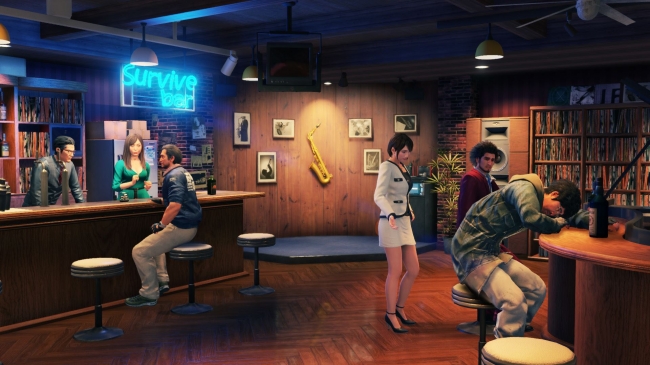 Yakuza: Like a Dragon. The party rests between missions at the Survive bar.