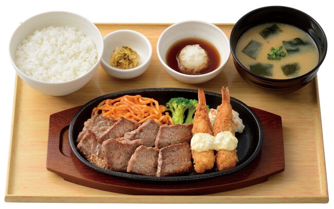 ブラックアンガスビーフのカットステーキとエビフライの定食【おろしぽん酢】 1,630円