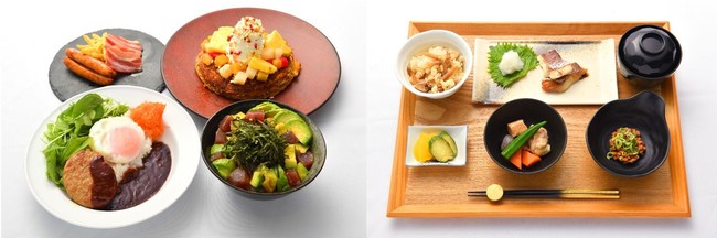 （写真左）ハワイ（ロコモコ・ポキ・パンケーキ） （写真右）地産地消にこだわった日本食