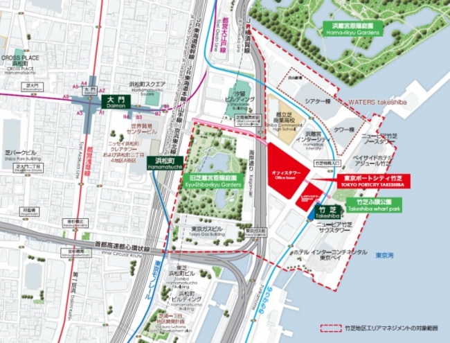 東京ポートシティ竹芝の位置・竹芝地区エリアマネジメントの対象範囲