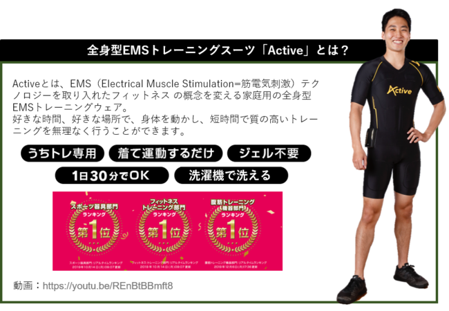 日本初の家庭用全身型EMSスーツ「Active」月々15,000円(税別)で 
