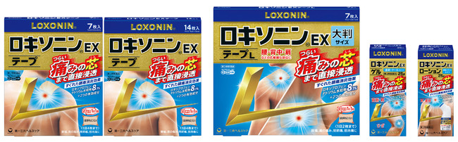 左から、「ロキソニンEXテープ」7枚・14枚、「ロキソニンEXテープL」、「ロキソニンEXゲル」、「ロキソニンEXローション」 いずれも第2類医薬品