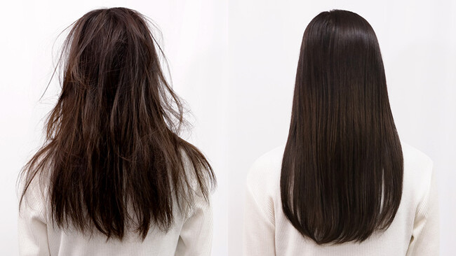 左から、タングルティーザー使用前、使用後の髪