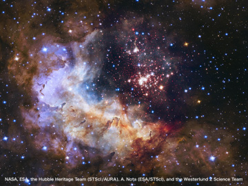りゅうこつ座の方向、約2万光年先にあり、約3000個の恒星からなる星団「ウェスタールンド2」とその周囲に広がる「ガム29」 （ハッブル宇宙望遠鏡打ち上げ25周年記念画像） 
